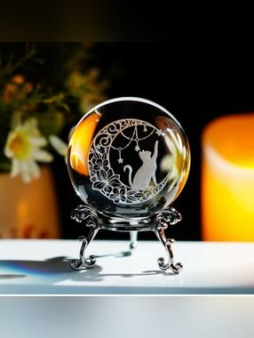 3D Glass Laser Engraved Cat with Moon Star Crystal Decor Ball